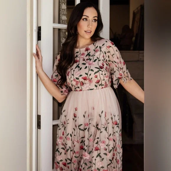 Baltic Born Duchess Embroidered Tulle Puff Sleeve Midi Dress in Rose Garden - Picture 2 of 14